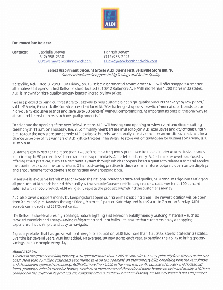 ALDI OPENS FIRST BELTSVILLE STORE AT ONE OF OUR CENTERS "ST. MARY'S